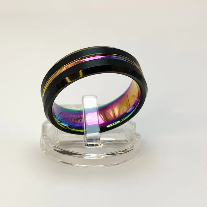 Black Tungsten Carbide Ring with Rainbow Inner and Line