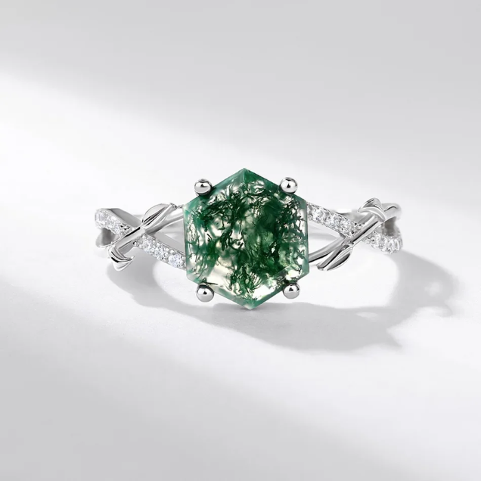 Dhia Leaf Hexagon Natural Moss Agate Ring