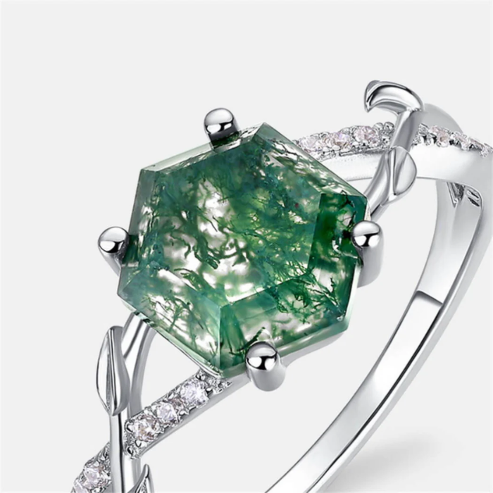 Dhia Leaf Hexagon Natural Moss Agate Ring