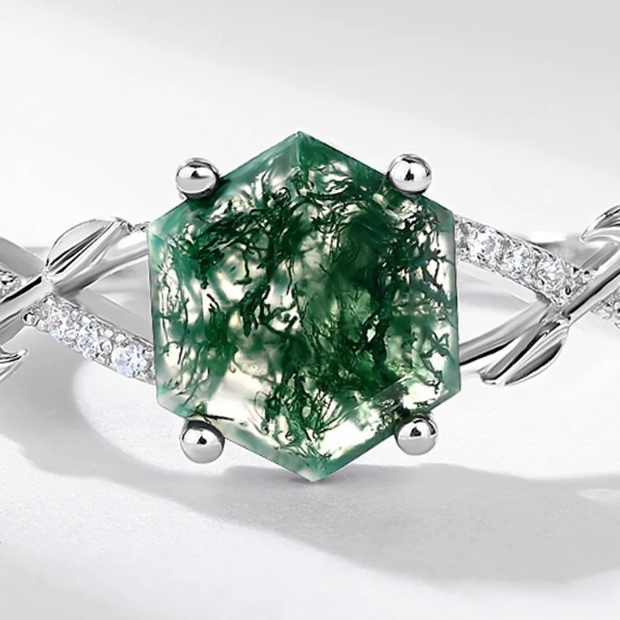 Dhia Leaf Hexagon Natural Moss Agate Ring