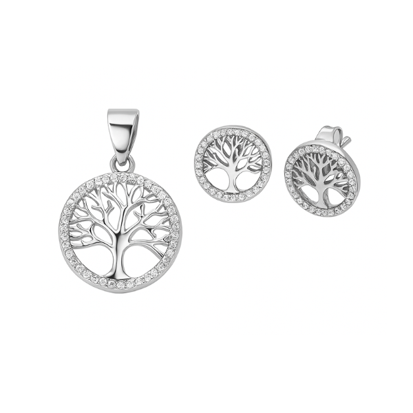 S925 Sterling Silver Tree of Life Earrings & Pendant Set A with Zirconia