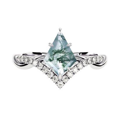 S925 Kite Cut Natural Moss Agate with Moissanite V Band
