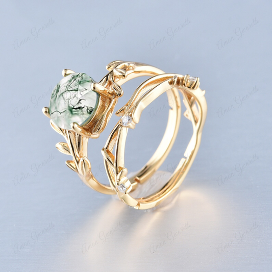 Floral Leaf Natural Moss Agate Adjustable Yellow Gold Twin Set
