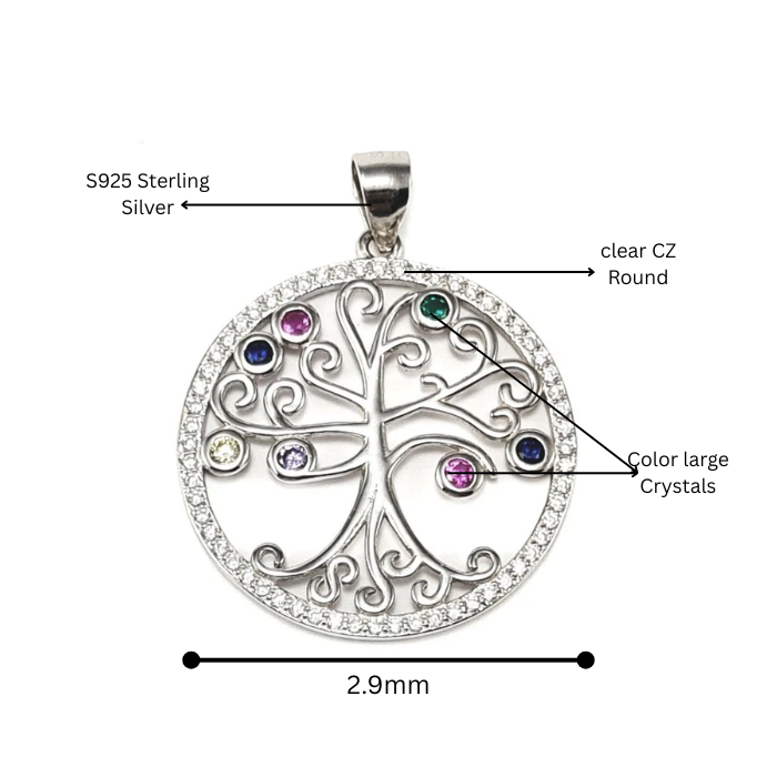 S925 Tree of Life with Coloured Crystals Necklace