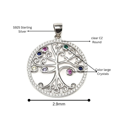 S925 Tree of Life with Coloured Crystals Necklace
