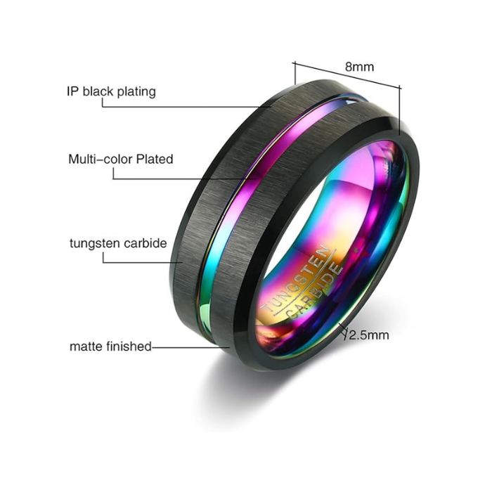 Black Tungsten Carbide Ring with Rainbow Inner and Line