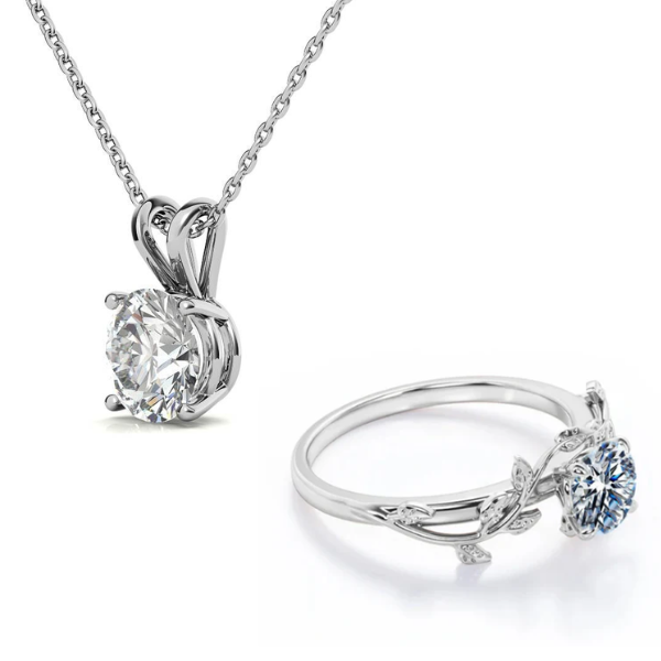 Moissanite 2ct Leaf Ring + 1.6ct Round 4 Prong Solitaire Pendant