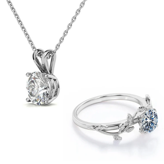 Moissanite 2ct Leaf Ring + 1.6ct Round 4 Prong Solitaire Pendant
