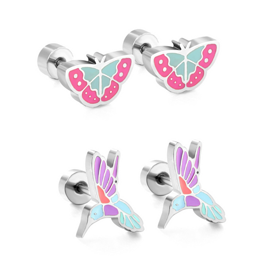Butterfly & Hummingbirds Silver Earrings in 304 Stainless Steel