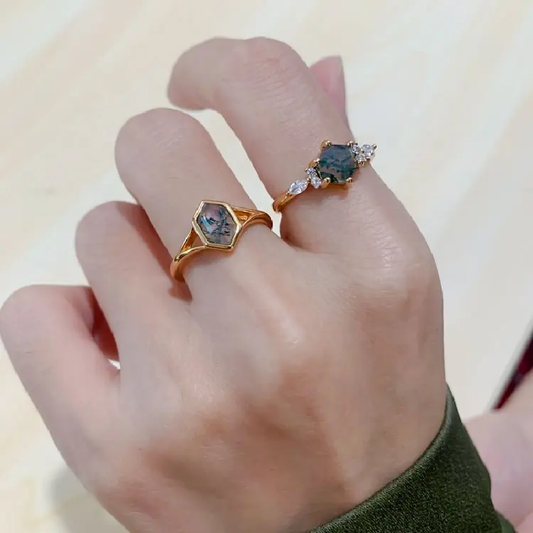 🆕Vermeil Hexagon Moss Agate - Gold