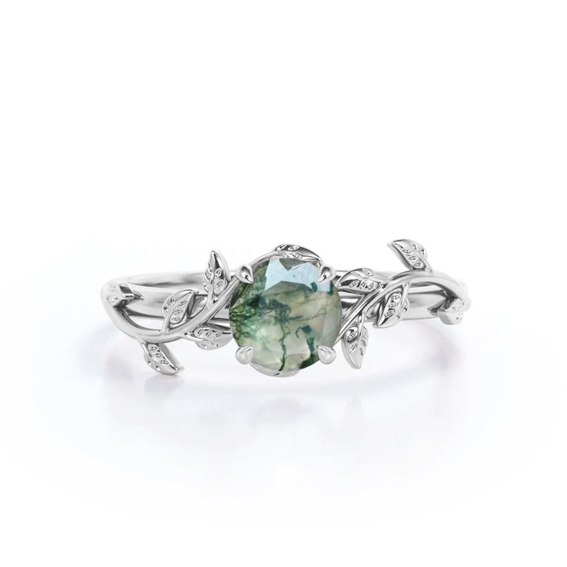 Dhia Jewellery Mossy Green Agate Leaf Solitaire - Silver