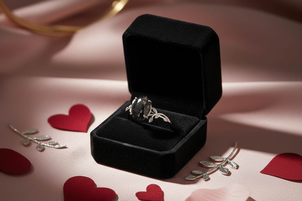 Black Rutilated Quartz Leaf Ring in Black Velvet Box
