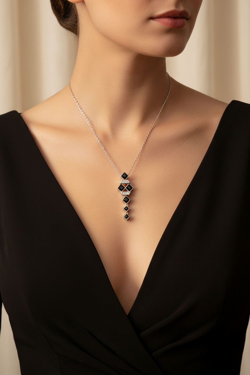 Black Square Necklace Lifestyle - Evening Proportional