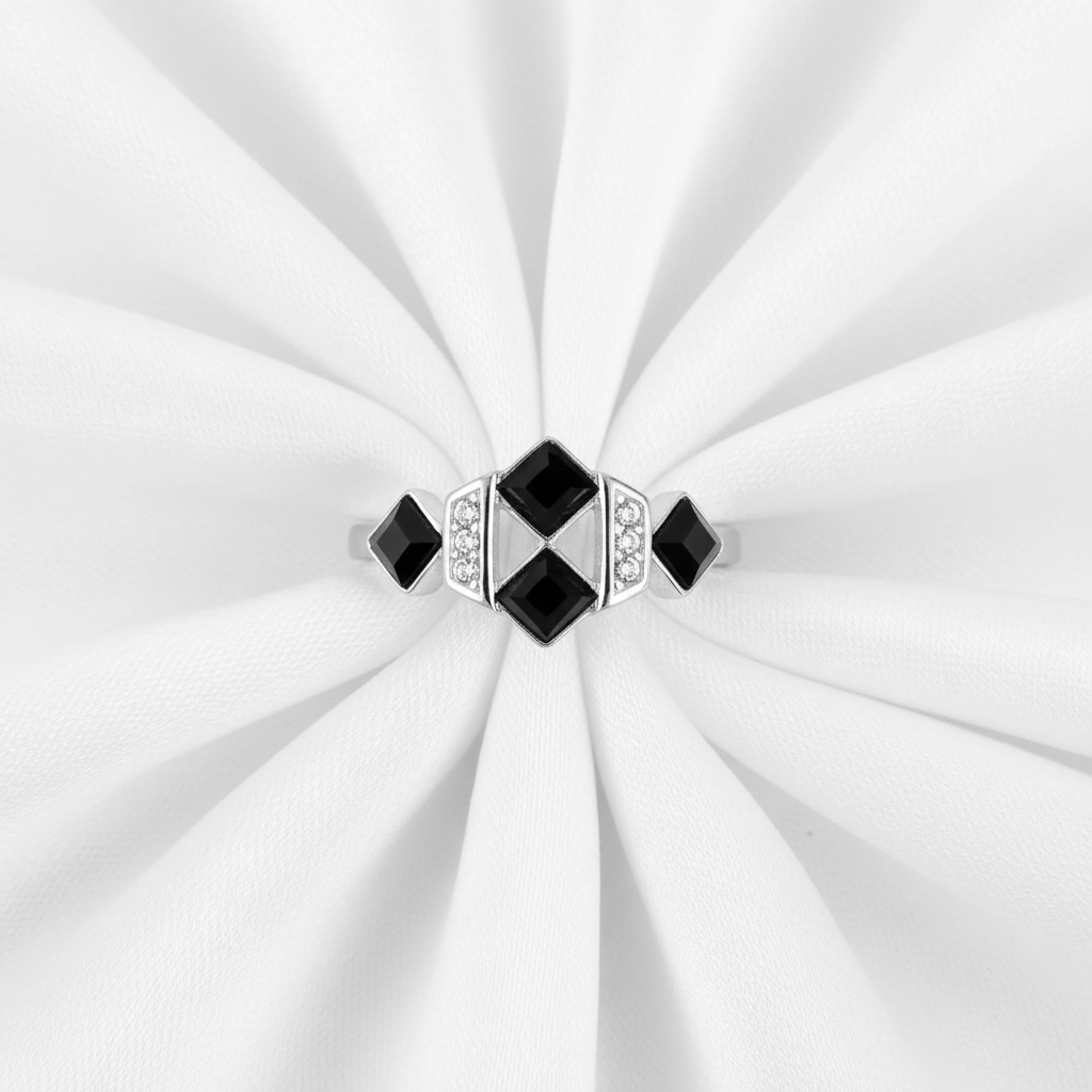 Black Square Ring - White Satin Flat Lay