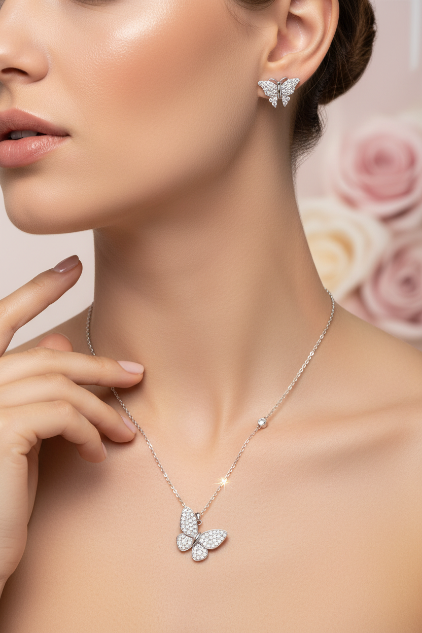 Butterfly Necklace and Earrings Set on Model