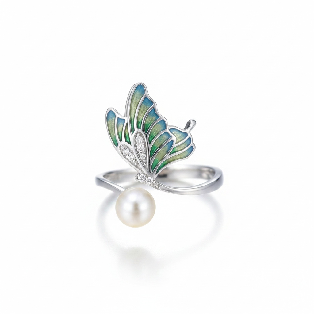 Butterfly Pearl Ring White Background 1