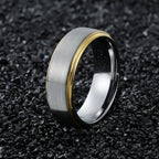 Shop the Grey Tungsten Carbide Ring with Gold Bevel . 8MM comfort fit, durable, hypoallergenic & scratch-resistant. Masculine style meets nature.