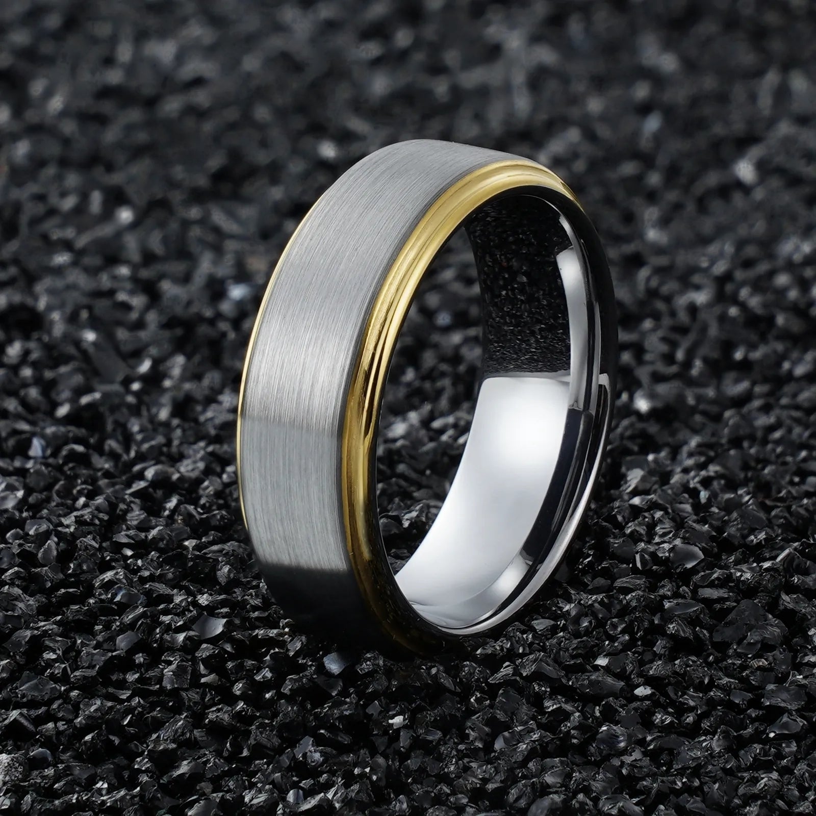 Shop the Grey Tungsten Carbide Ring with Gold Bevel . 8MM comfort fit, durable, hypoallergenic & scratch-resistant. Masculine style meets nature.