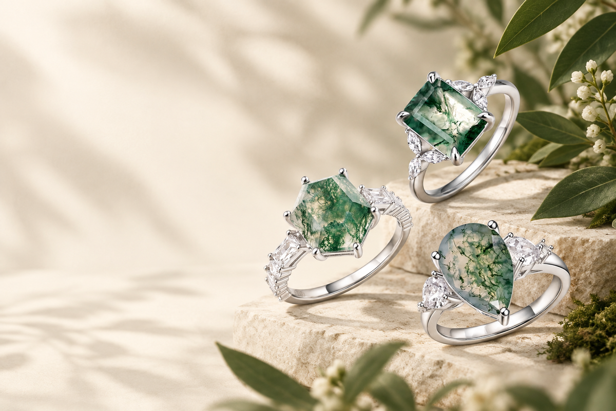 Dhia Jewellery green moss agate rings hero banner