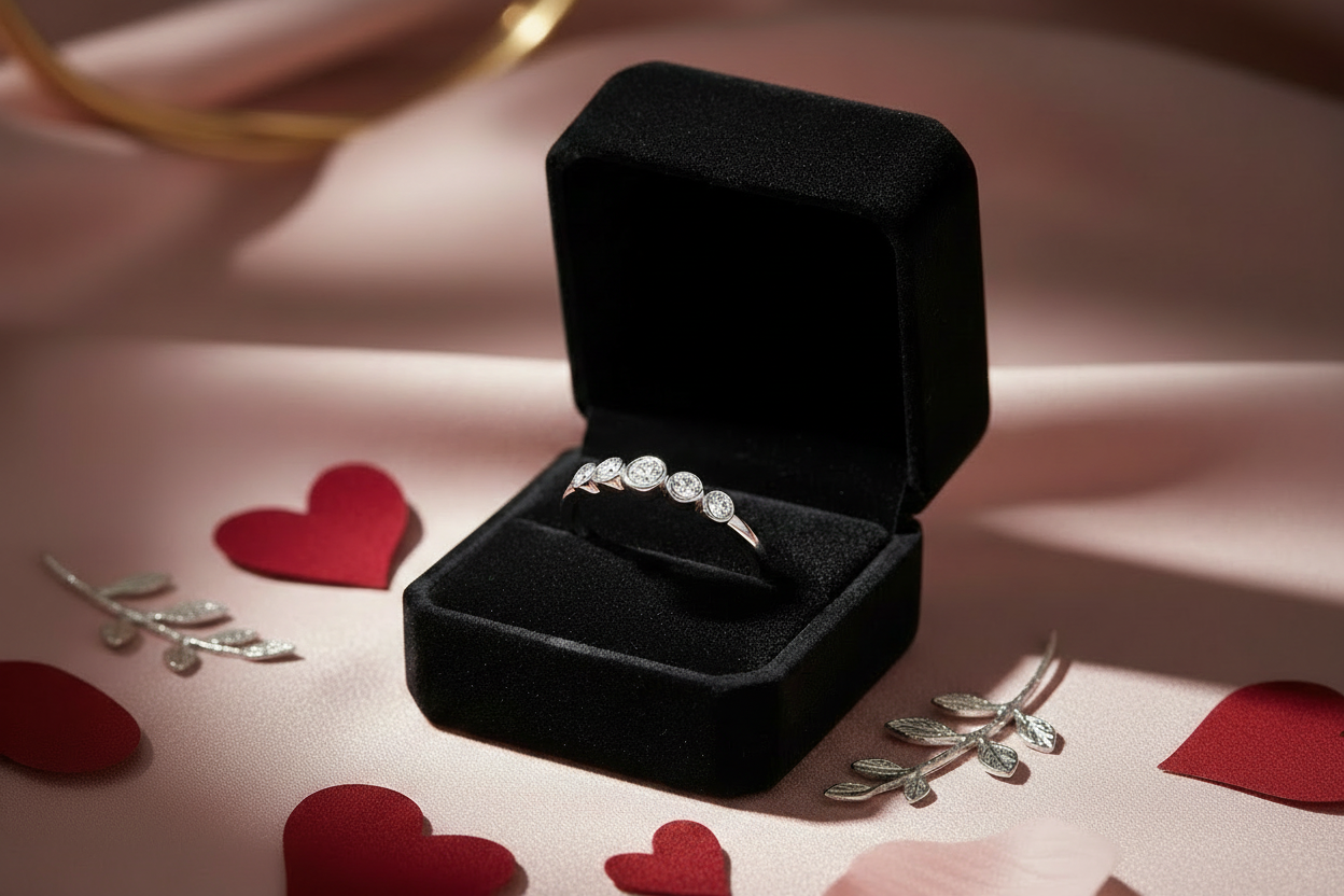 Five Stone Moissanite Ring in Valentine's Box