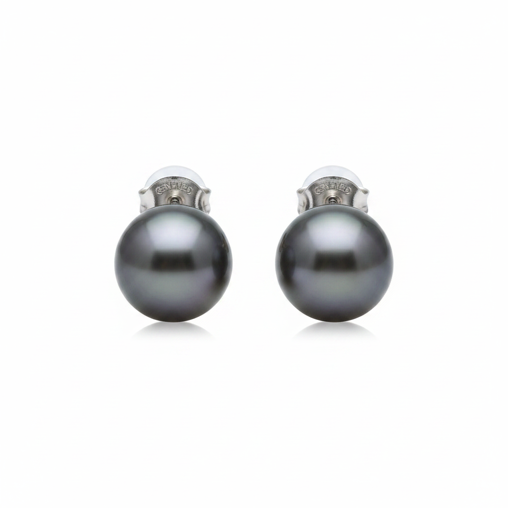 Tahitian Pearl Stud Earrings | 9–10mm | 18k Solid White Gold