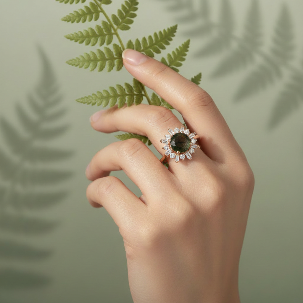 Halo Moss Agate Ring - Proportional on Finger