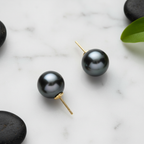Tahitian Pearl Stud Earrings 8-9mm 18k Yellow Gold - Flat Lay