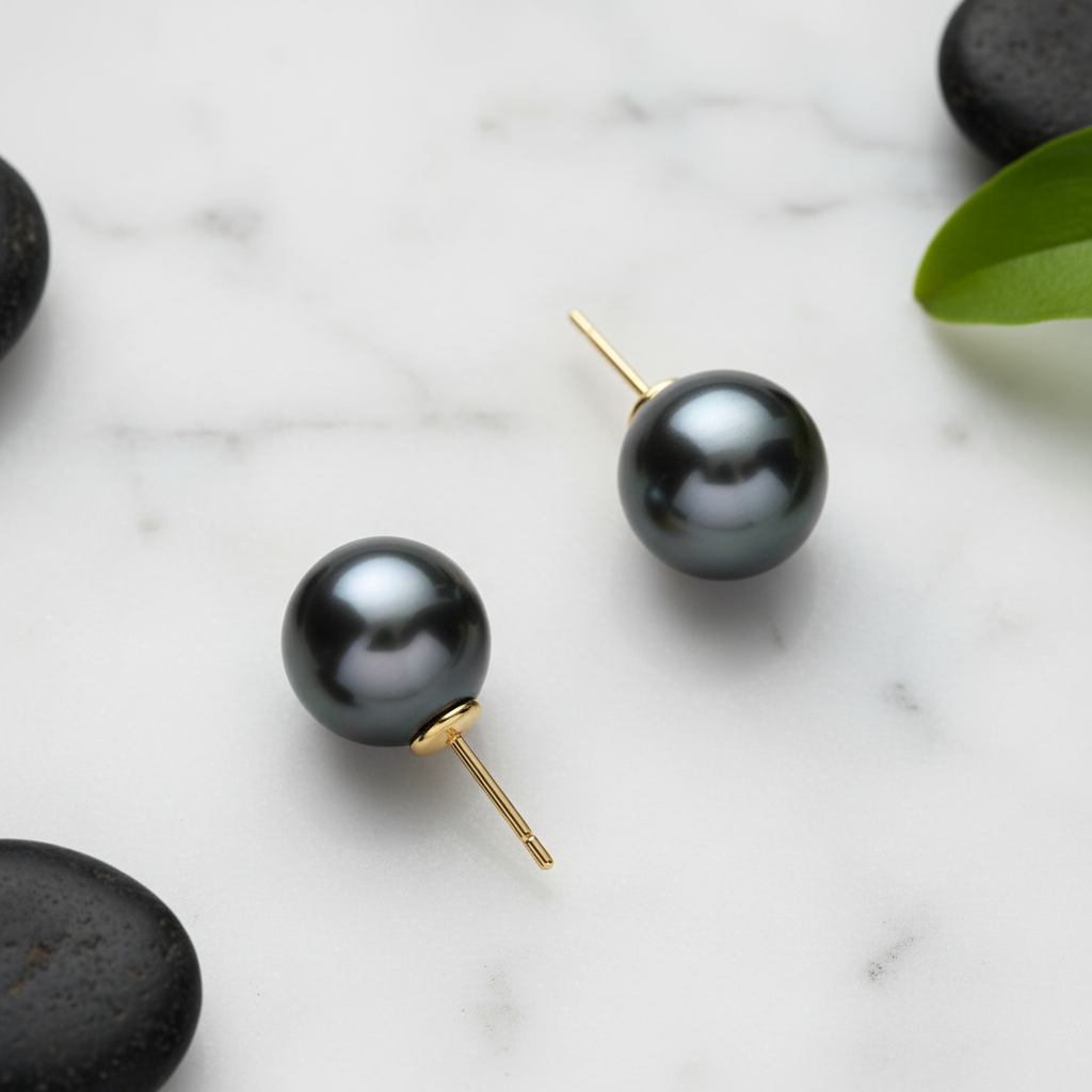 Tahitian Pearl Stud Earrings 8-9mm 18k Yellow Gold - Flat Lay