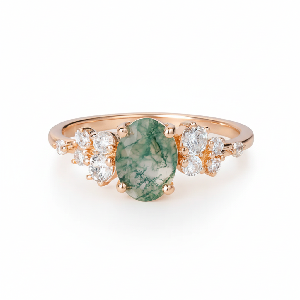 Green Moss Agate Five-Stone Engagement Ring | Rose Gold Sterling Silver