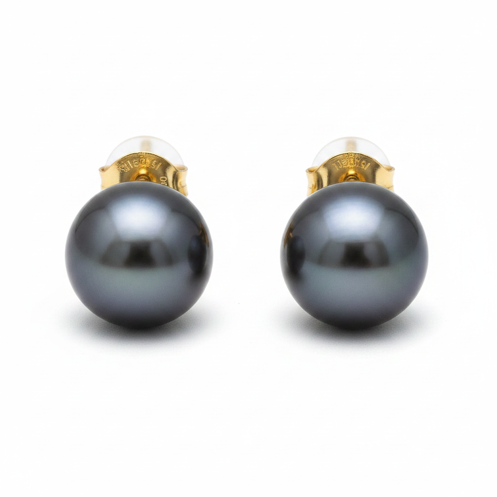 Tahitian Pearl Stud Earrings 9-10mm 18k Yellow Gold - Front View