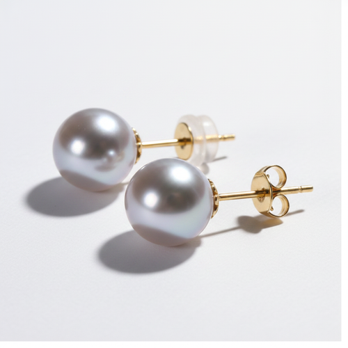 Akoya Pearl Stud Earrings 8mm 18kt Yellow Gold - Side View
