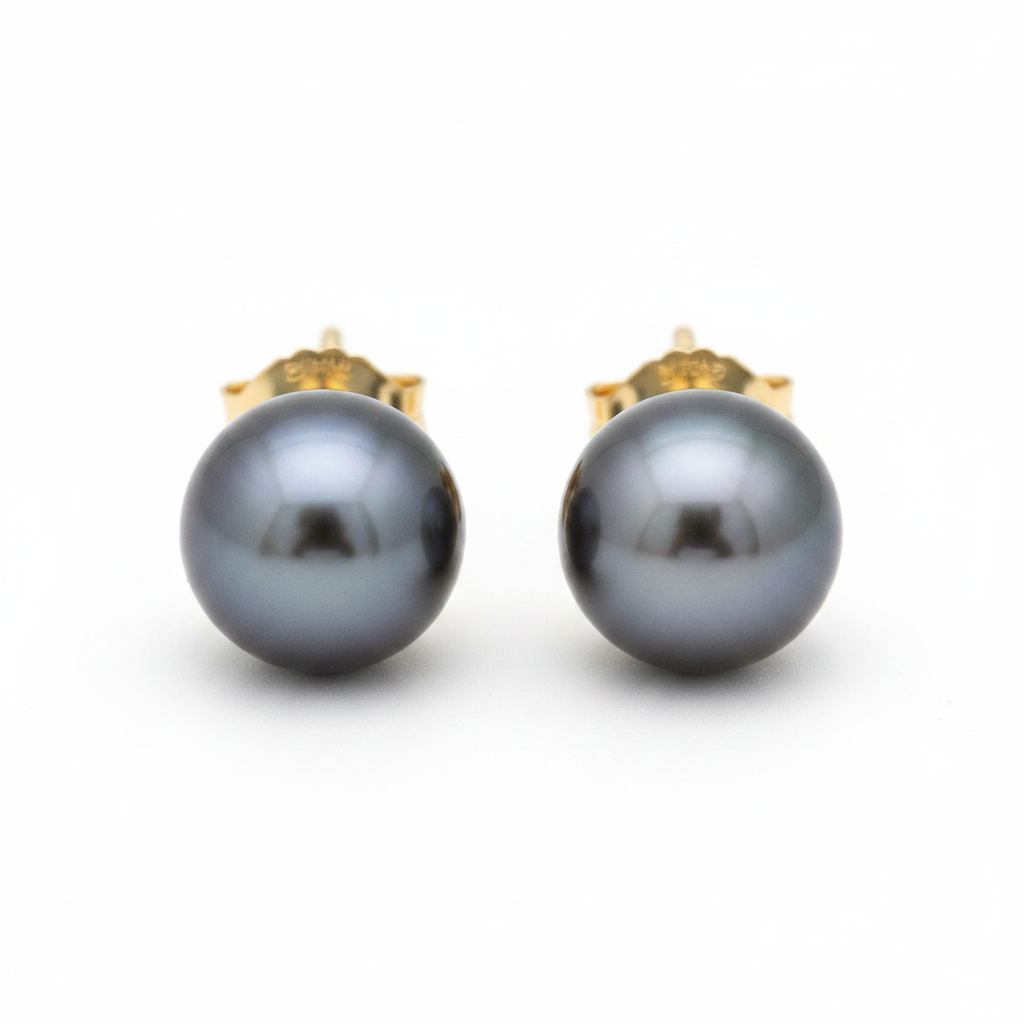 Tahitian Pearl Stud Earrings 8-9mm 18k Yellow Gold - Front View