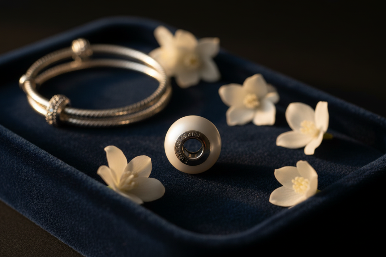 Swarovski 5890 BeCharmed Crystal Pearl - lifestyle dark luxury velvet editorial