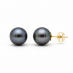 Tahitian Pearl Stud Earrings 9-10mm 18k Yellow Gold - Side View
