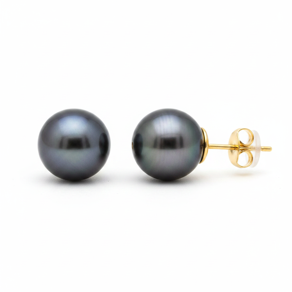 Tahitian Pearl Stud Earrings 9-10mm 18k Yellow Gold - Side View