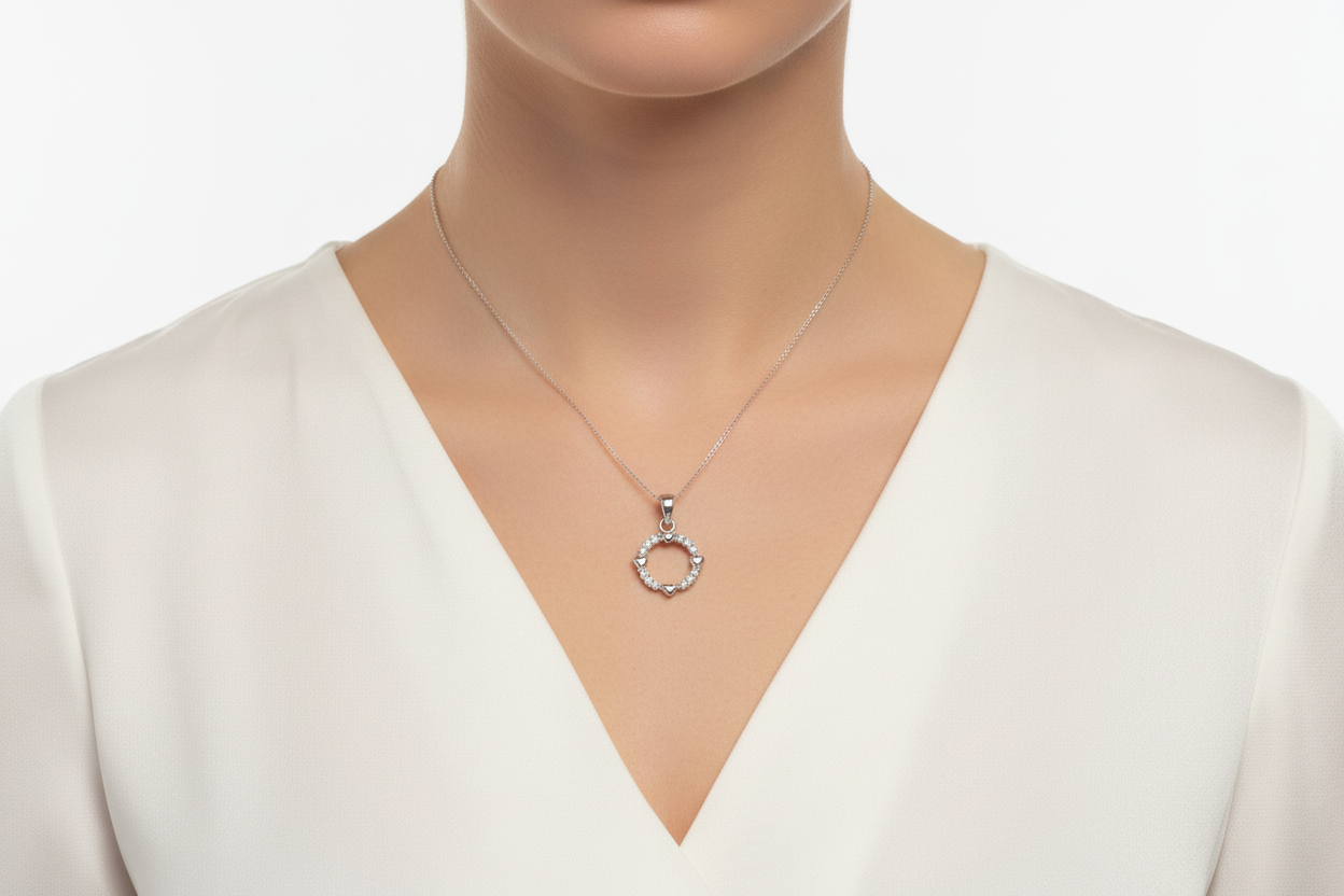 S925 Sterling Silver Hearts Pendant - Model Front View