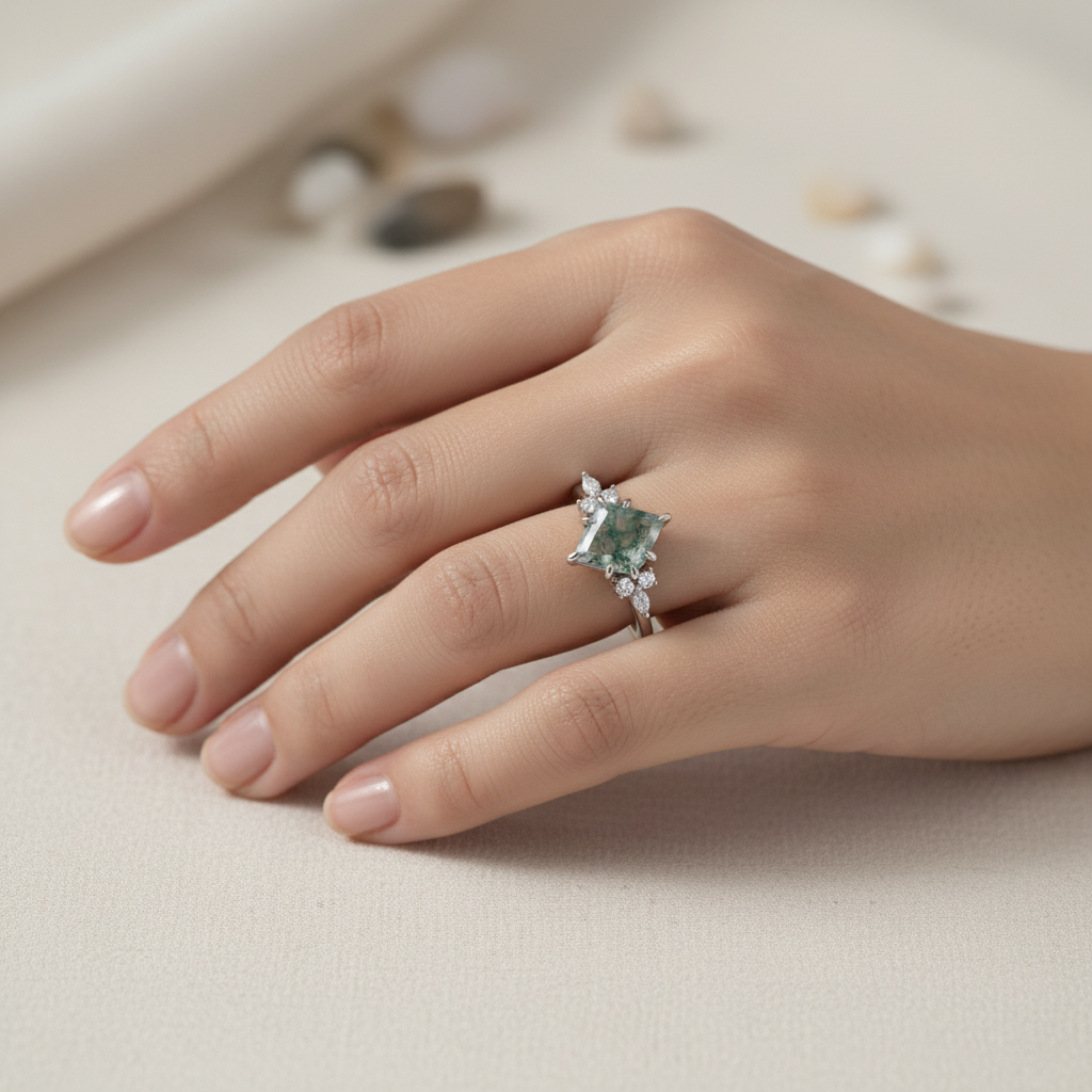 Kite Moss Agate Ring - Model Hand 1
