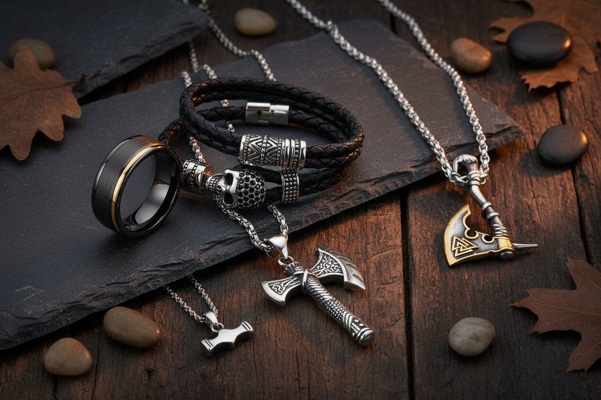 Men's Tungsten, Leather & Viking Banner