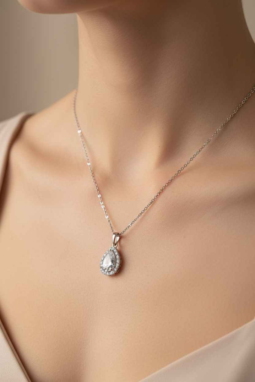 Model wearing clear crystal pendant