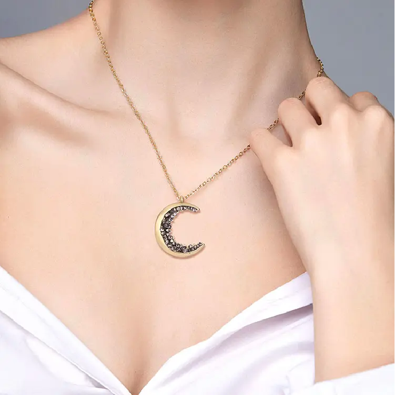 Black Crystal Crescent Moon Necklace