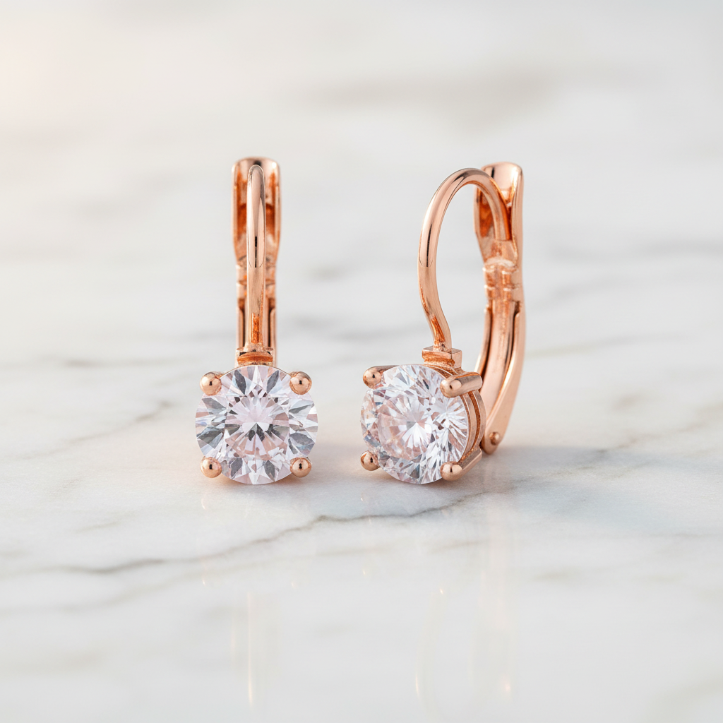 Rose Gold Pink Swarovski Drop Earrings - Marble