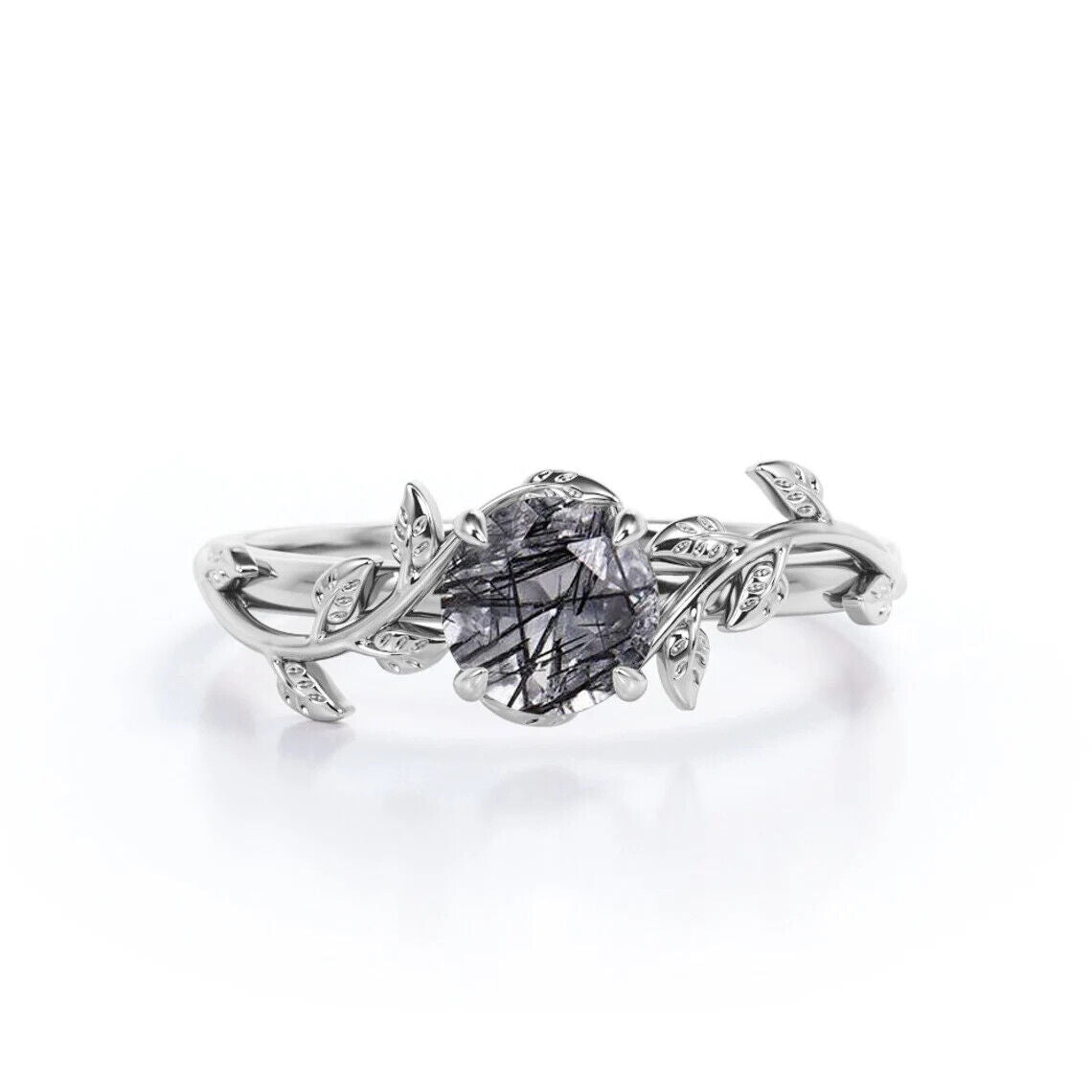 Black Rutilated Quartz 1,25ct Silver Leaf Solitaire