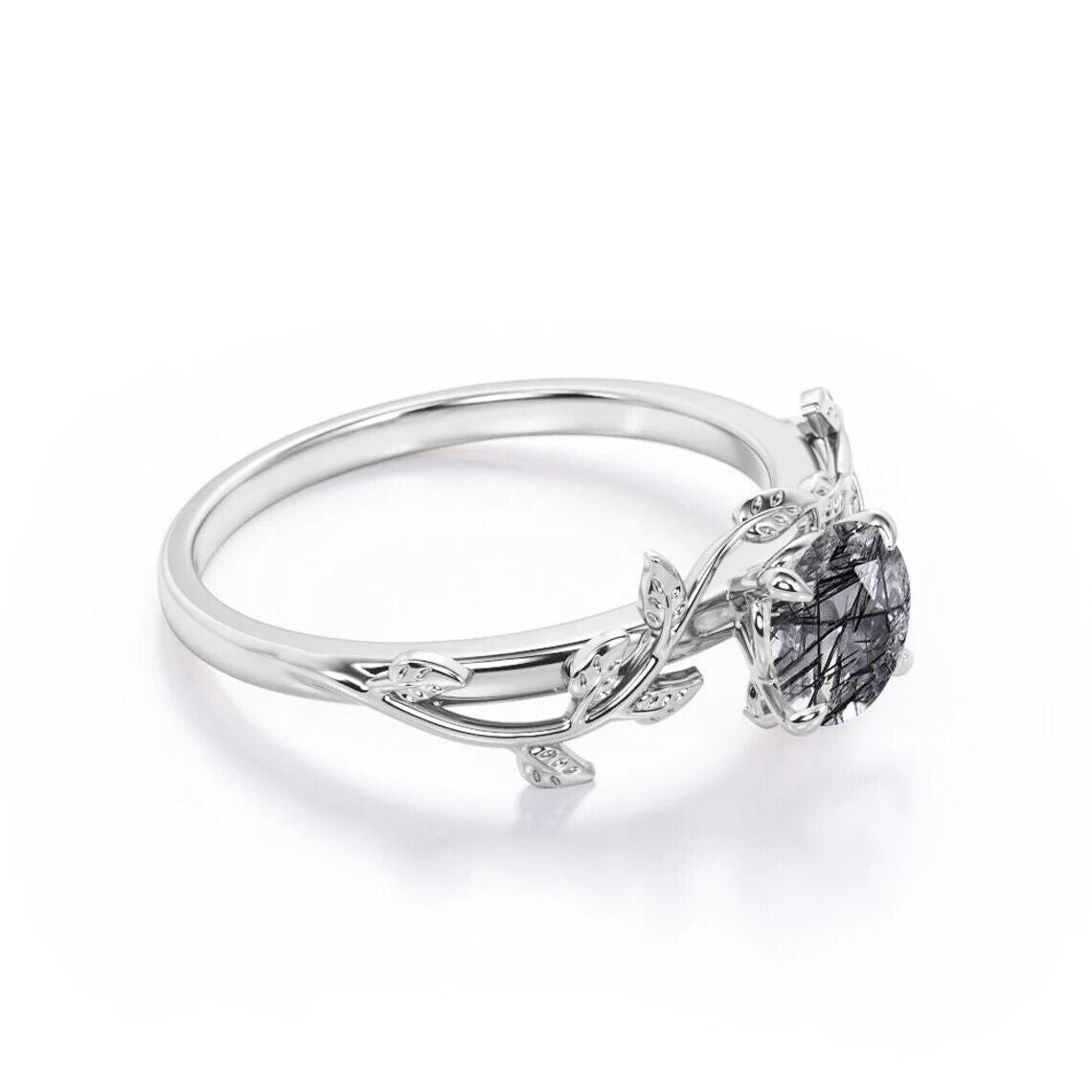 Black Rutilated Quartz 1,25ct Silver Leaf Solitaire