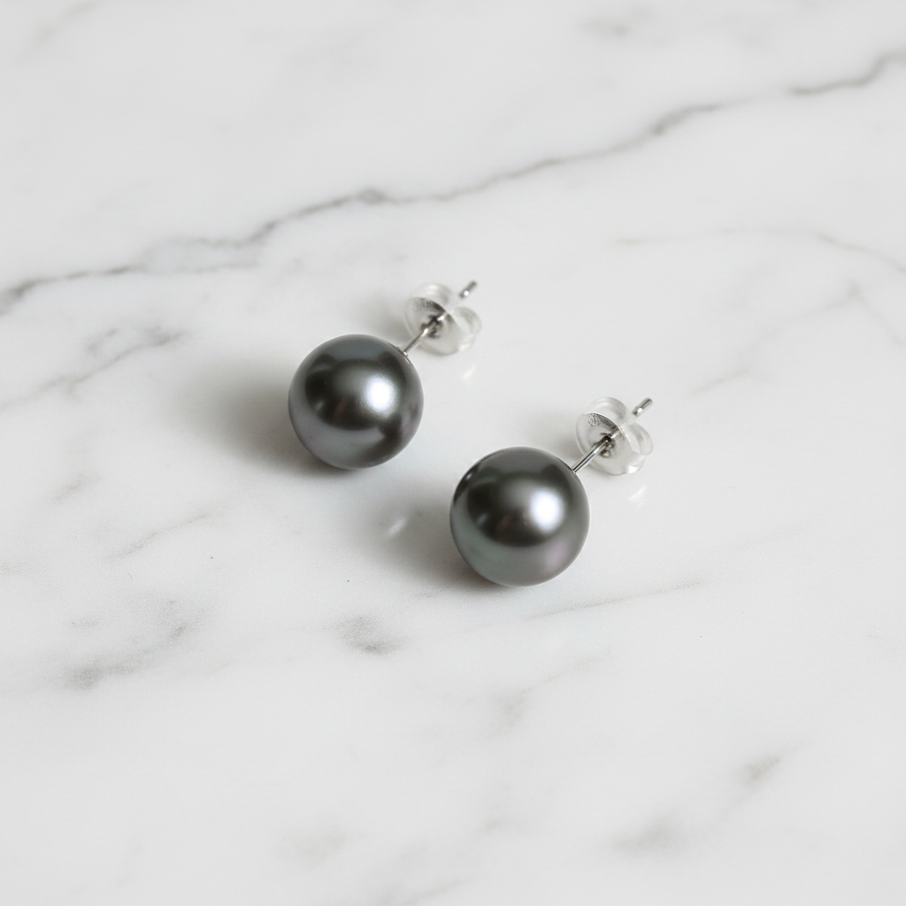 Tahitian Pearl Studs 18k White Gold - Flat Lay
