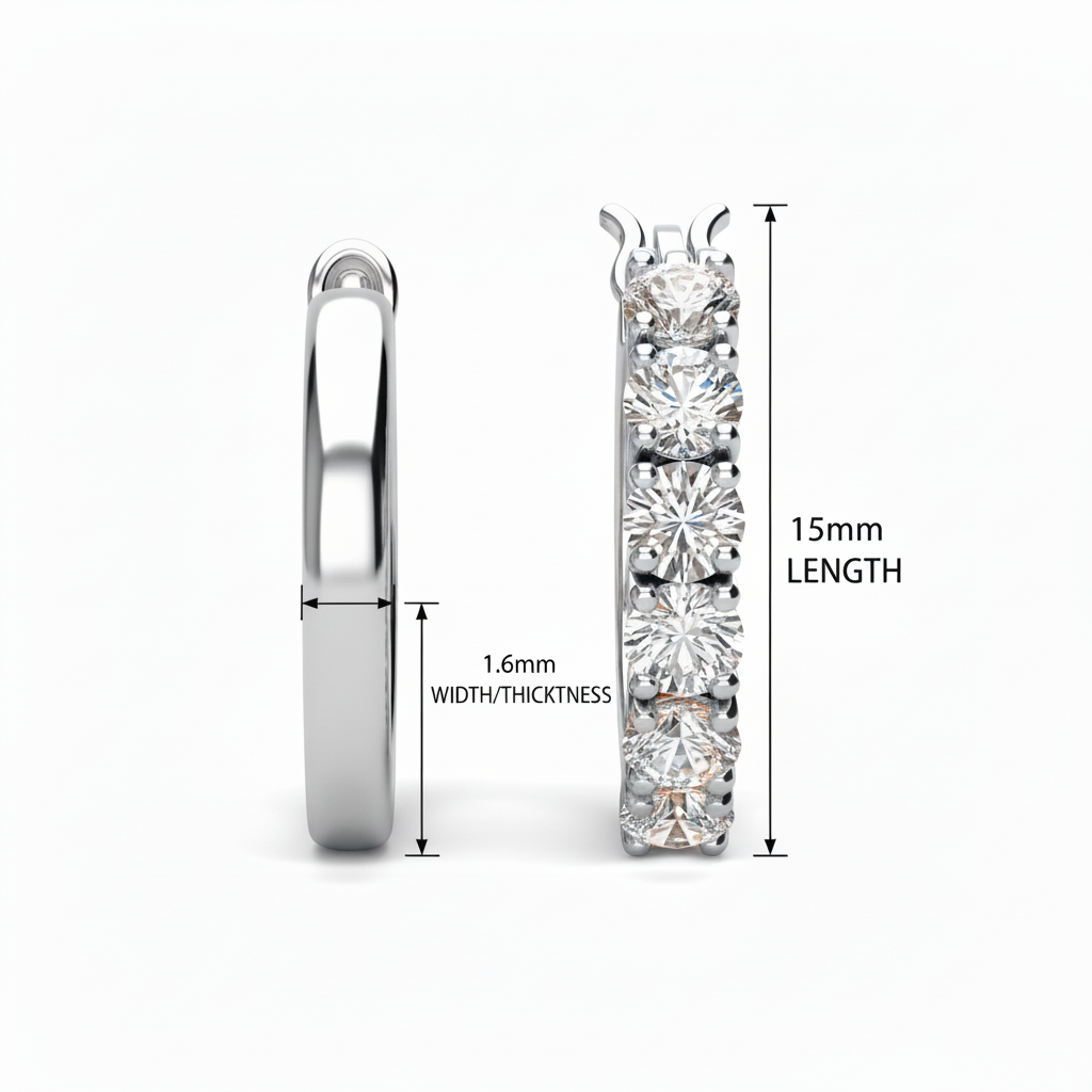 White Gold Crystal Hoop Earrings - 1.6mm × 15mm