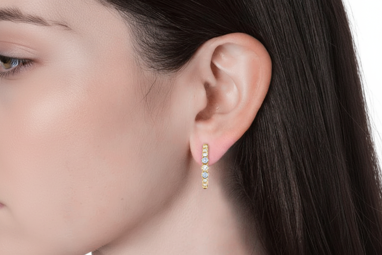 White Gold Crystal Hoop Earrings on Model
