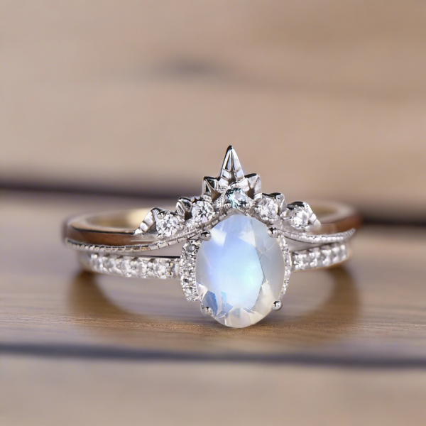 Classic Oval Moonstone Engagement Twin Set Ring