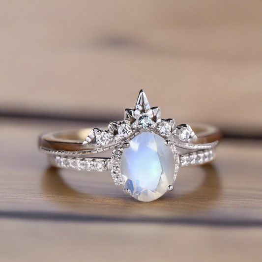 Classic Oval Moonstone Engagement Twin Set Ring