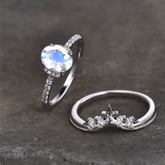 Classic Oval Moonstone Engagement Twin Set Ring