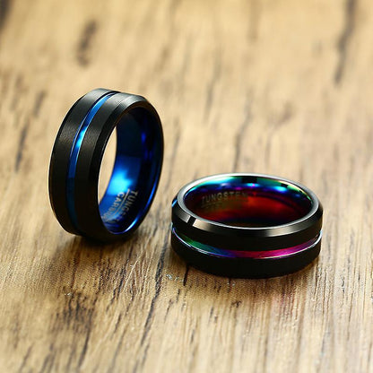 Black Tungsten Carbide Ring with Rainbow Inner and Line